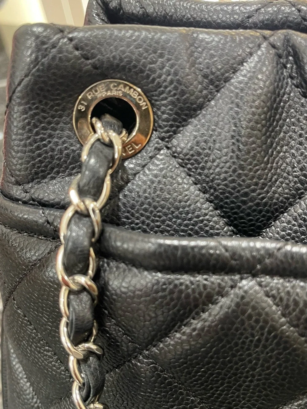 CHANEL Black Quilted Caviar Leather Shoulder Bag with CC Logo
